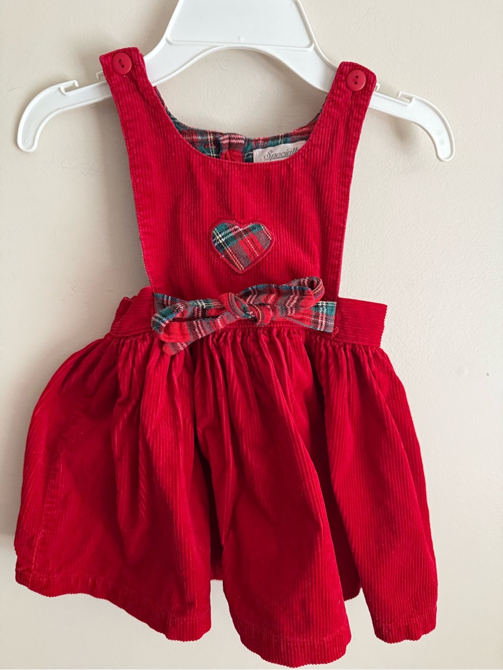 Vintage Girls Corduroy Dress Red 3T Heart Plaid Country 100% Cotton Christmas